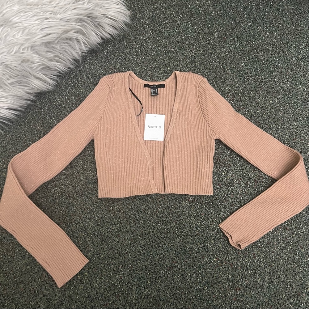 FOREVER 21 Nude Beige Tan Camel Cropped Ribbed Cardigan Sweater Top Shirt Sz M - Picture 8 of 16
